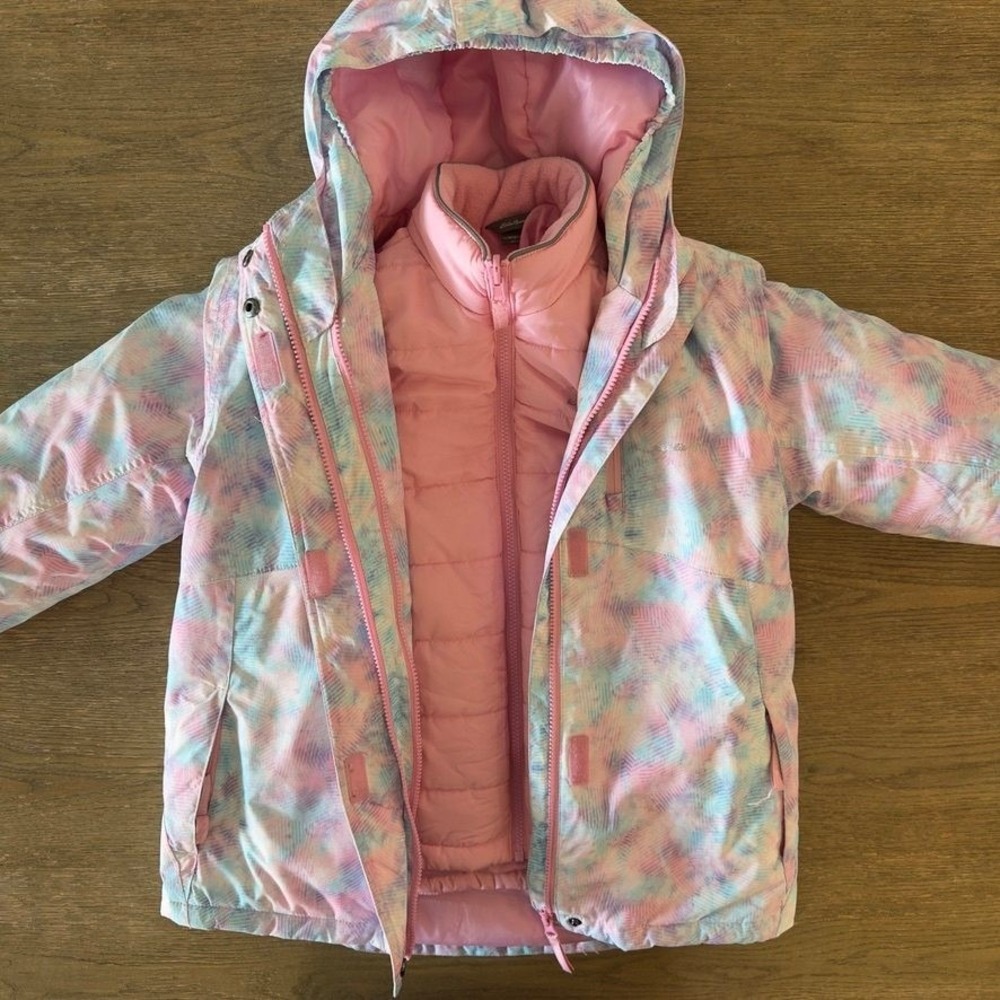 Eddie Bauer Girls 3-in-1 Winter Jacket Pink Pastel Hooded Puffer Coat M 10/12